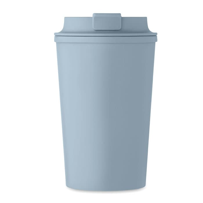 A drink bottle in a soft blue colour with a secure lid and a simple design. It features a logo on the front.