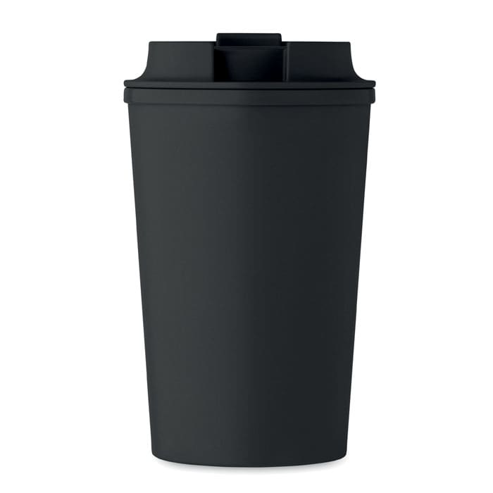A black drink bottle with a secure lid, featuring a simple design and a logo on the front.