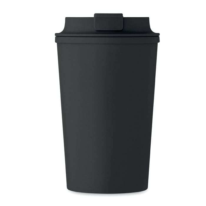 A drink bottle in matte black with a lid, featuring a simple design and a logo.