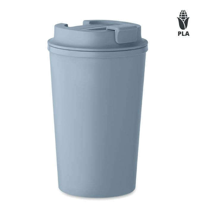 A drink bottle in light blue with a secure lid and a branding logo.
