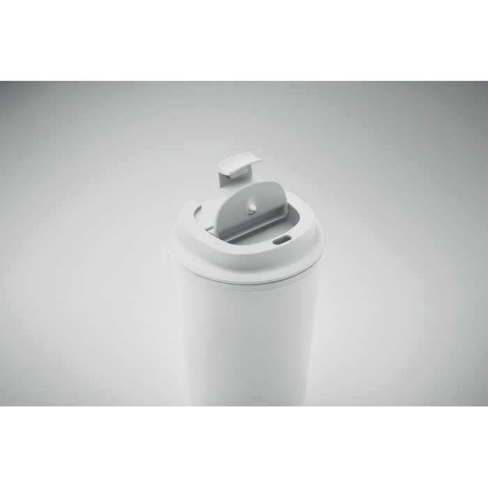 A drink bottle in white with a flip-top opening and a grey lid, featuring a simple design and smooth surface.