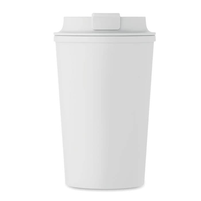 A drink bottle in white with a secure lid and a simple design, featuring a logo on the side.