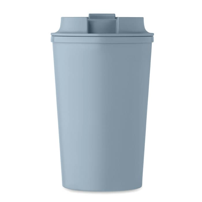 A drink bottle in a soft blue colour with a removable lid and a sleek design. Features a logo on the front.
