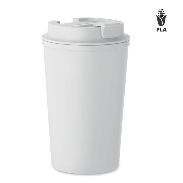 A drink bottle in white with a secure lid and a logo. Made from PLA material.