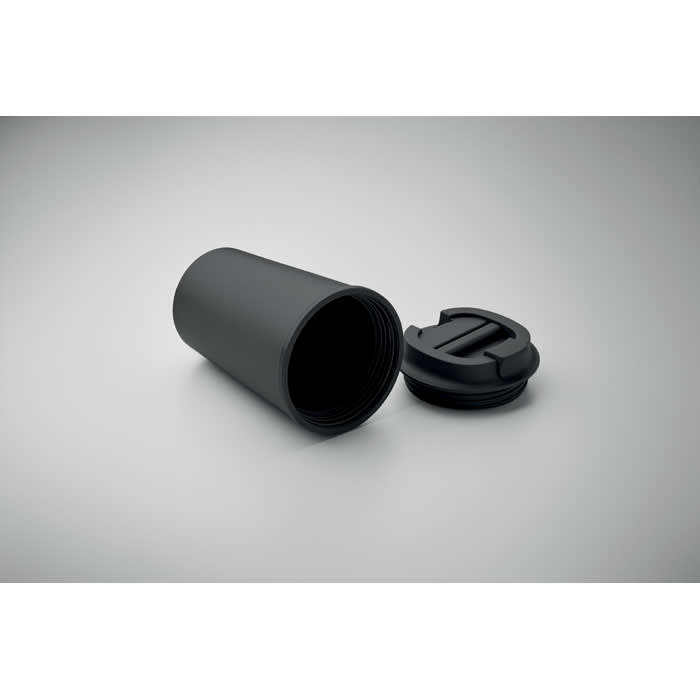 A drink bottle in matte black with a twist-off lid, featuring a branding logo.