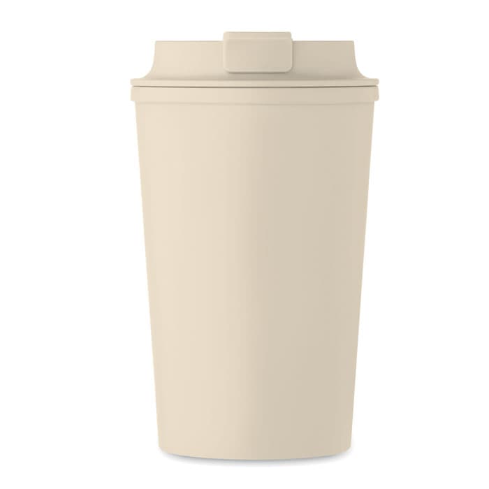 A drink bottle in a light beige colour with a secure lid and a minimalist design. It features a logo on the front.