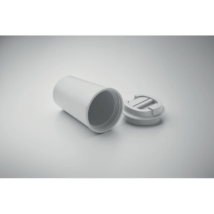 A drink bottle in white with a screw-on lid, displayed upright next to its cap.