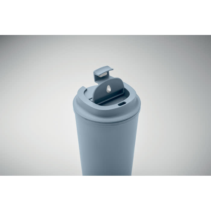 A drink bottle in soft blue with a flip-top lid and a narrow opening for easy sipping.
