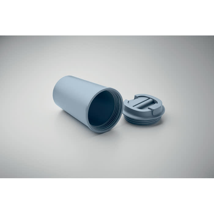 A light blue drink bottle with a threaded lid, partially open, resting on a neutral background.