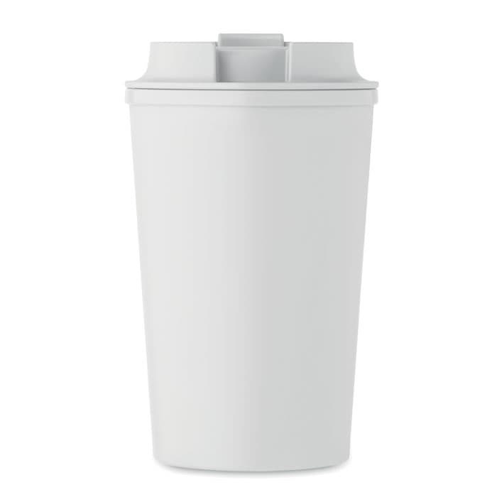 A drink bottle in white, featuring a sleek design and a lid with an opening. It has a simple branding logo.