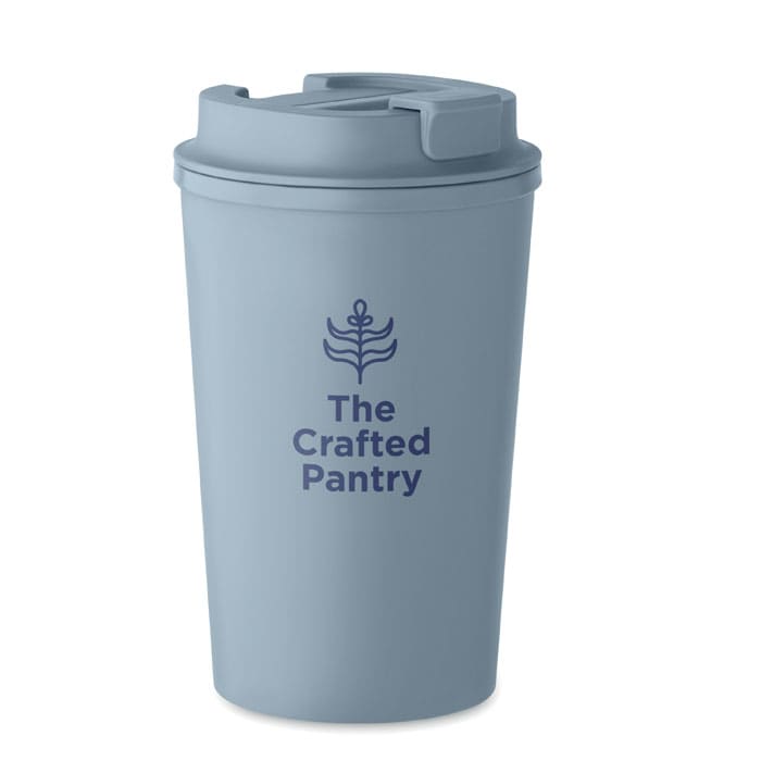 A drink bottle in a light blue shade with a twist-off lid and a logo printed on the front.