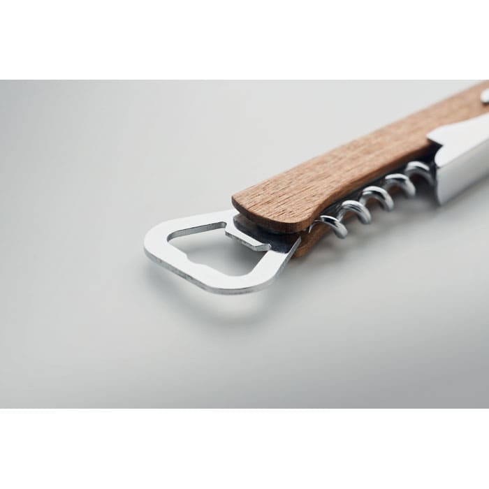 A corkscrew with a wooden handle and a silver bottle opener. It features a spiral for cork extraction.