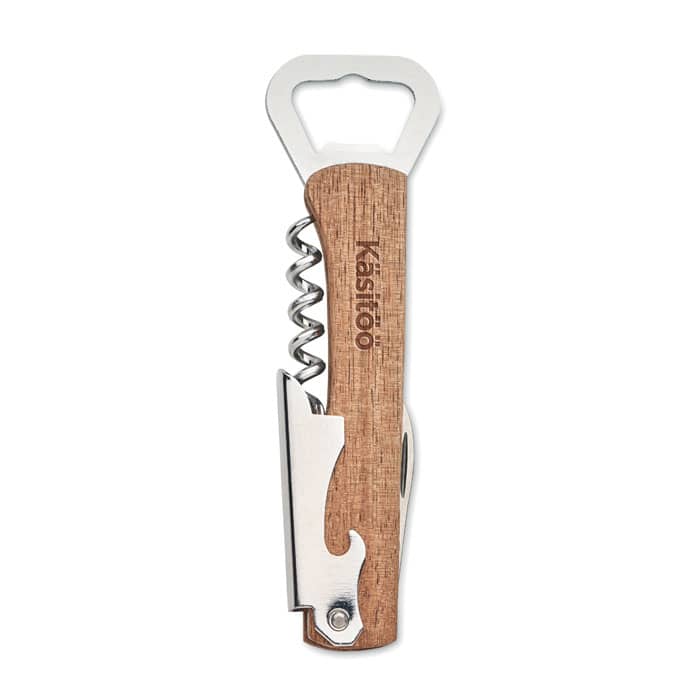 A corkscrew with a wooden handle and metal components, featuring a bottle opener and a branding logo.