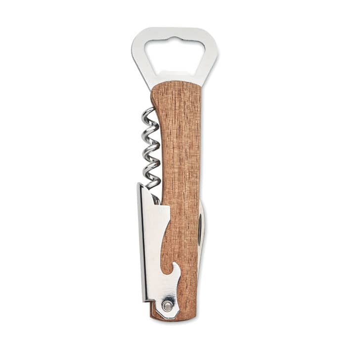 A corkscrew with a wooden handle, combined with a bottle opener and blade, featuring a sleek metallic finish.
