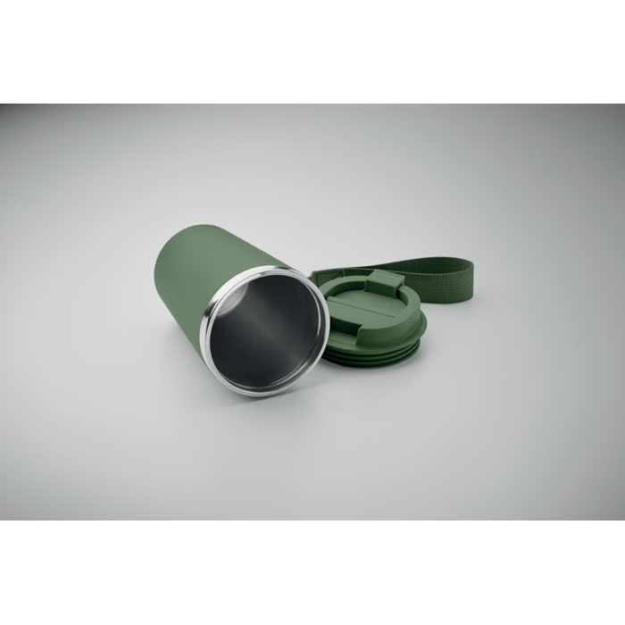 A drink bottle in matte olive green with a silver rim and a detachable lid attached by a strap.
