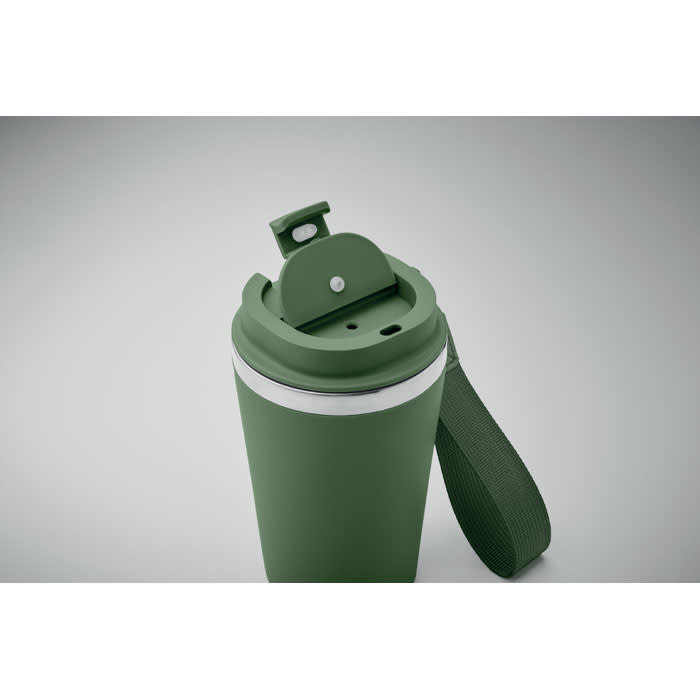 A drink bottle in a dark green colour with a flip-top lid and a carrying strap, featuring a logo.