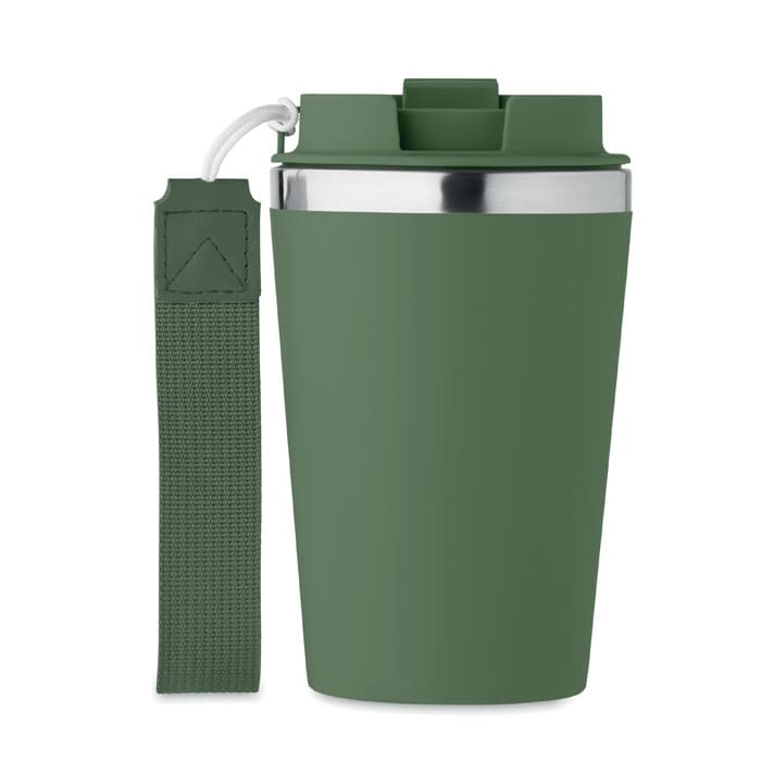 A drink bottle in green with a sleek design, featuring a stainless steel top and a fabric strap. It has a logo.