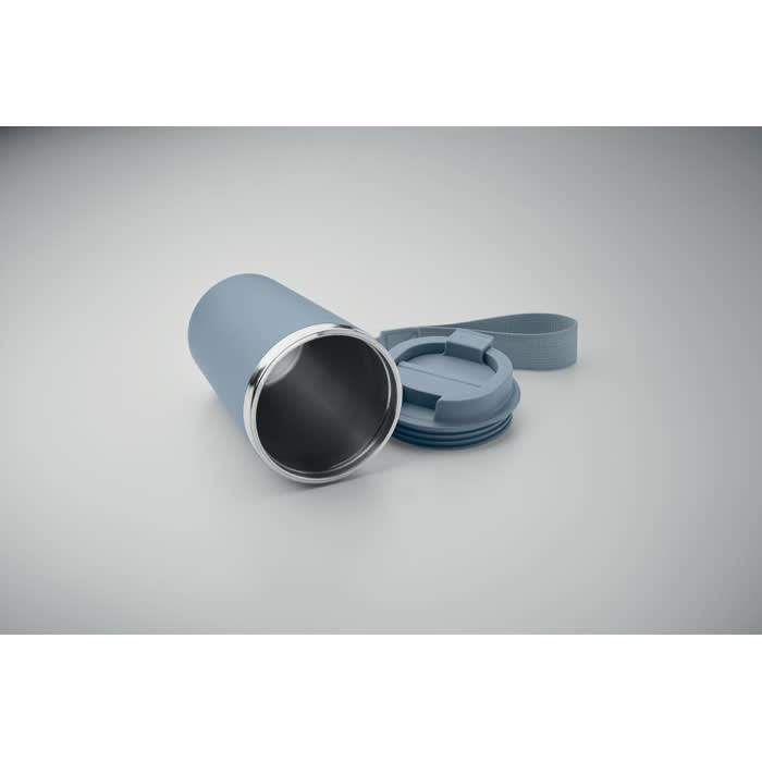 A drink bottle in light blue with a stainless steel interior and a detachable lid. It features a carrying strap.
