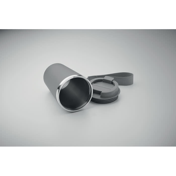 A drink bottle in grey with a silver rim, featuring a removable lid and carrying strap. Branding is present.