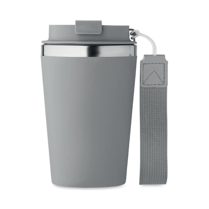 A drink bottle in light grey with a stainless steel interior and a grey strap. It features a sleek design.
