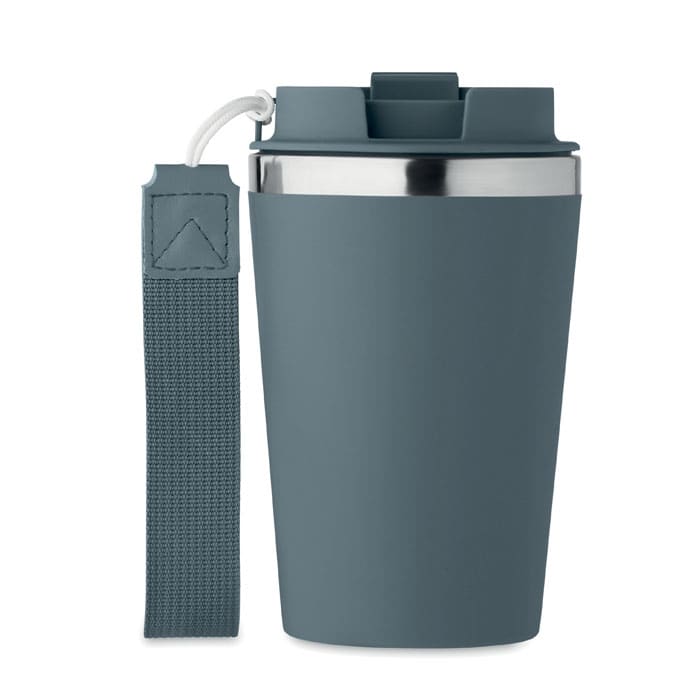 A drink bottle in a dark grey colour with a silver band and a removable strap for easy carrying.