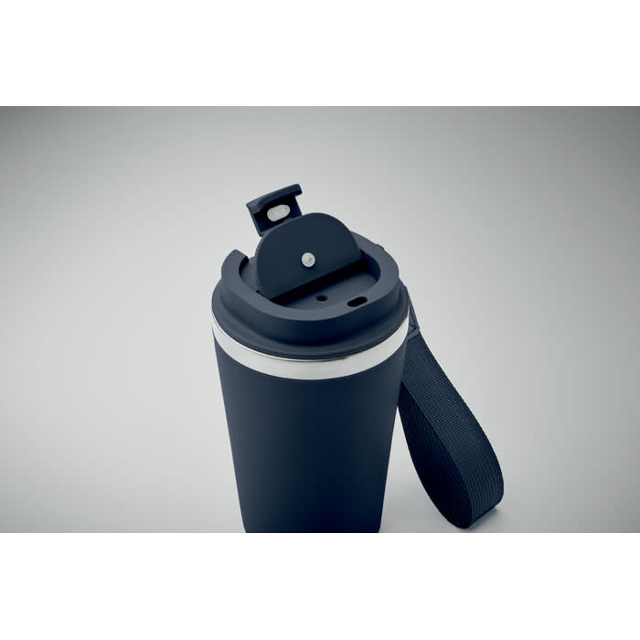 A drink bottle in navy blue with a white band, featuring a flip-top lid and a carrying strap.