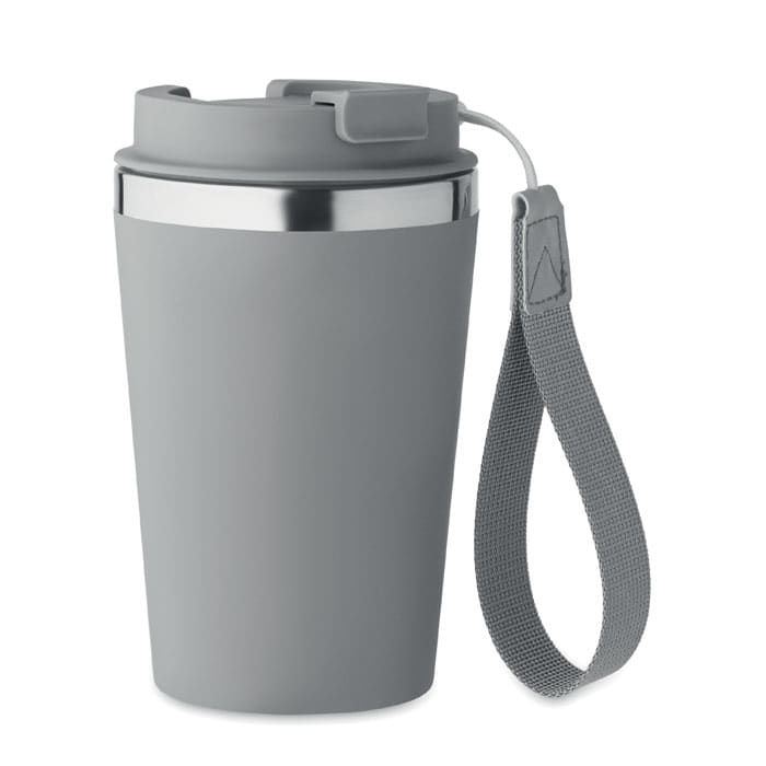 A drink bottle in grey with a stainless steel rim and a grey strap. It features a sleek, modern design.