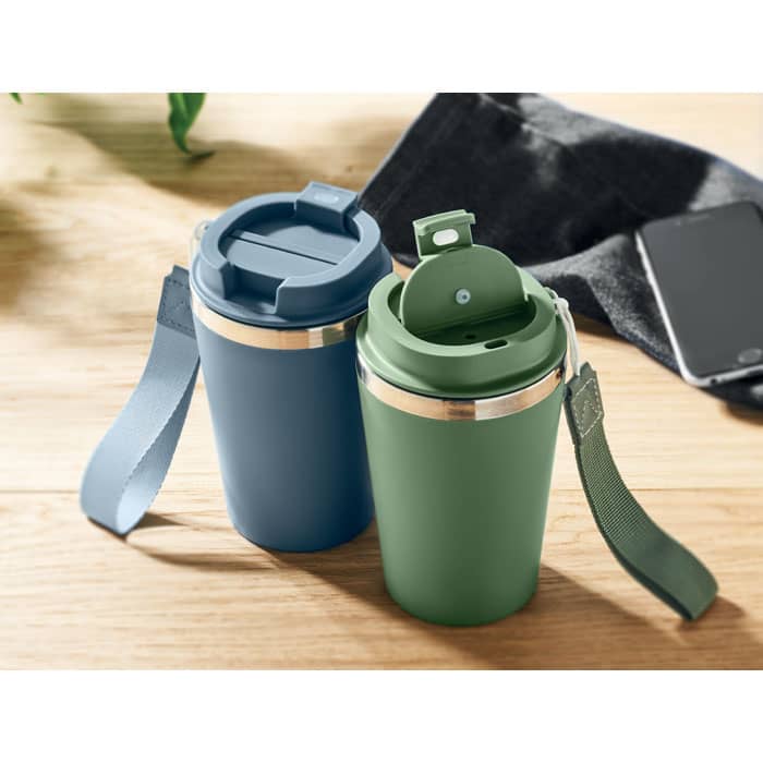 A drink bottle set featuring one blue and one green bottle, both with silver accents and removable lids.