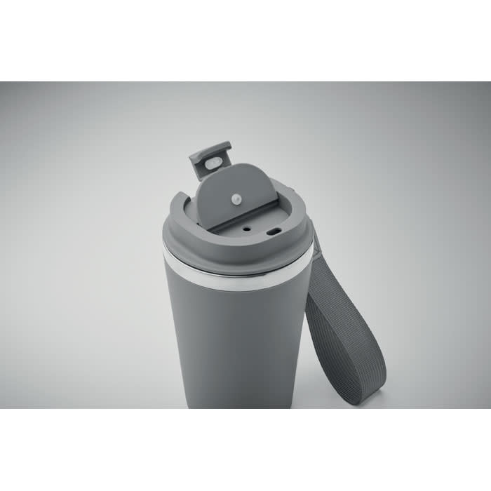 A drink bottle in grey with a flip top lid and a carrying strap, featuring a logo on the side.