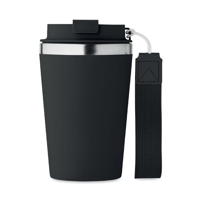 A drink bottle with a black silicone exterior, stainless steel rim, and a detachable strap for easy carrying.