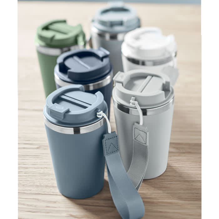 A drink bottle collection featuring pastel colours like blue, grey, green, and white, with stainless steel accents and lids.