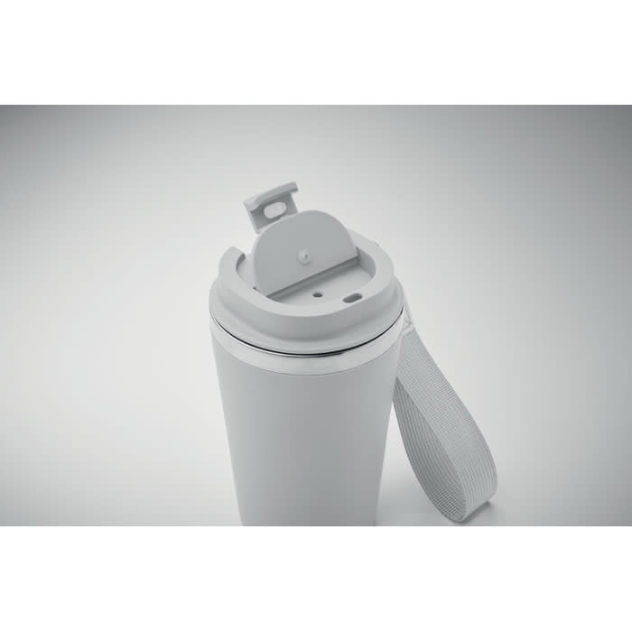 A drink bottle in white with a grey handle and a flip-top lid design, featuring a logo on the body.
