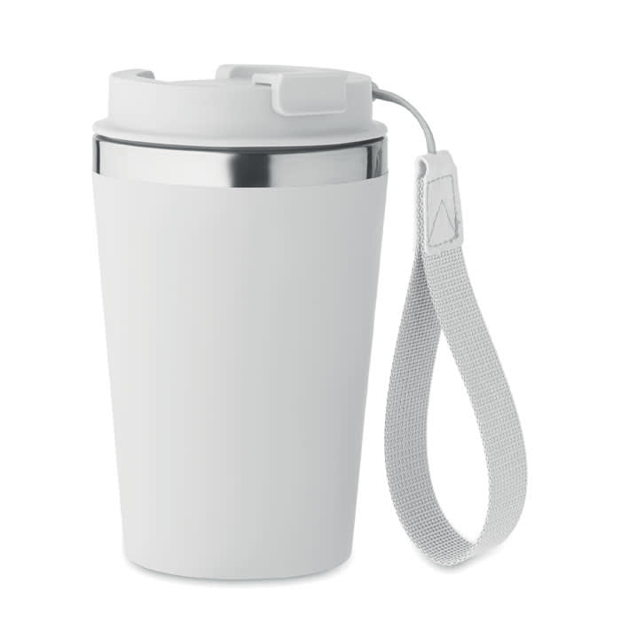 A drink bottle in white with a stainless steel band and a grey strap for easy carrying.
