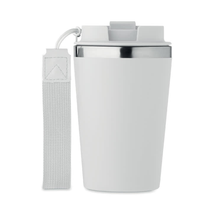 A drink bottle in white with a stainless steel lid and a grey strap attached. It features a logo on the side.
