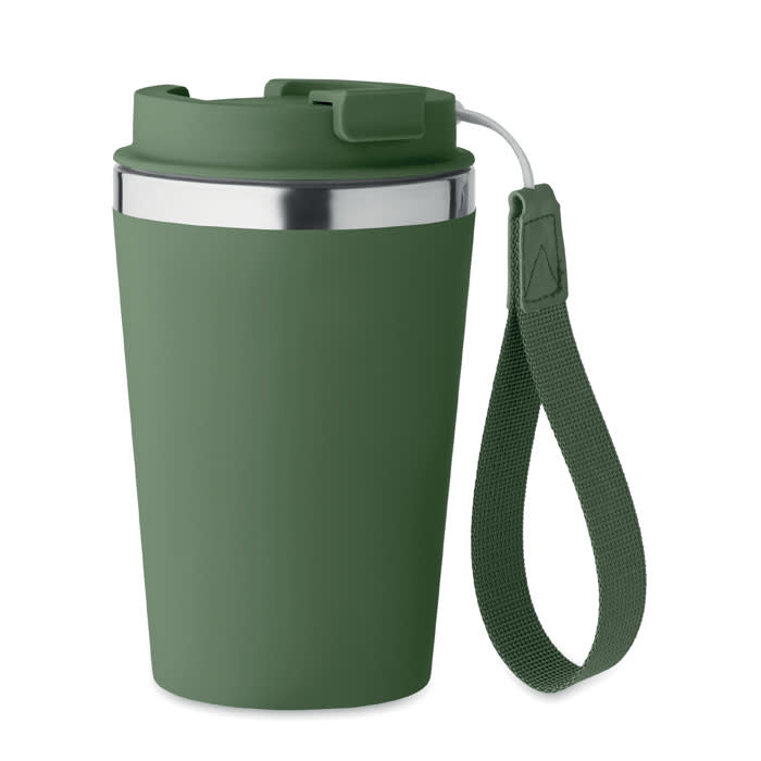 A drink bottle in a dark green colour with a stainless steel rim and a removable strap. It features a logo.