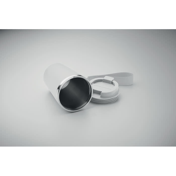 A drink bottle in white with a silver lid and removable cap, featuring a carrying strap.