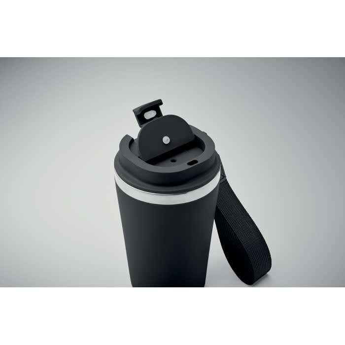 A drink bottle in matte black with a wide opening and a removable cap, featuring a strap.