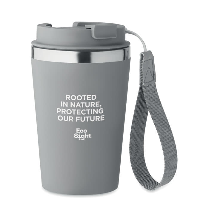 A drink bottle in grey with a metal lid and a wrist strap, featuring a logo and eco-friendly messaging.