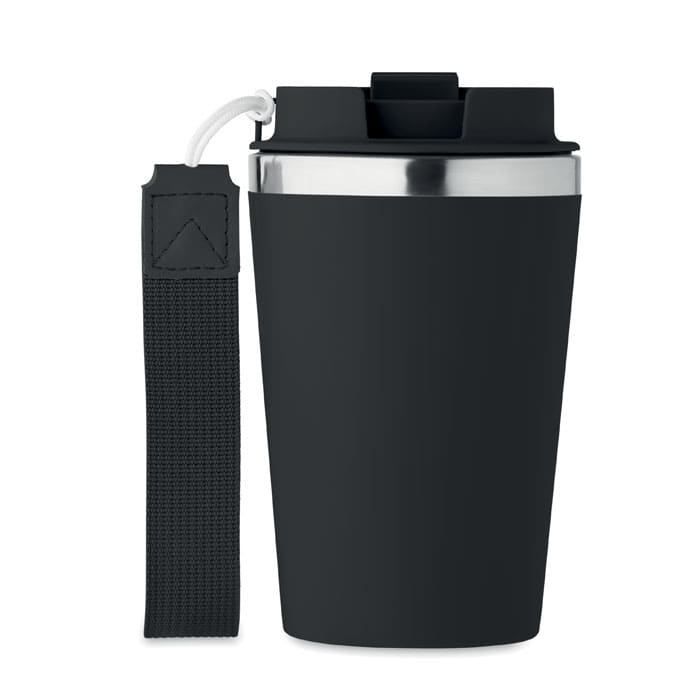 A drink bottle in matte black with a stainless steel rim and a black strap attached. It features a branding logo.