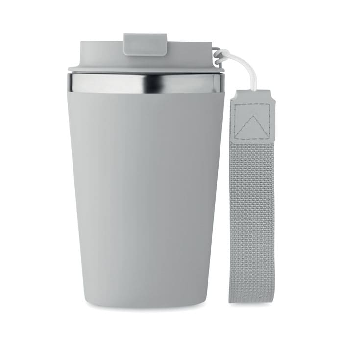 A drink bottle in a light grey colour with a stainless steel interior and a grey strap. It features a sleek design.