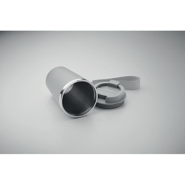 A drink bottle in silver with a removable lid and a carrying strap. It has a sleek, modern design.