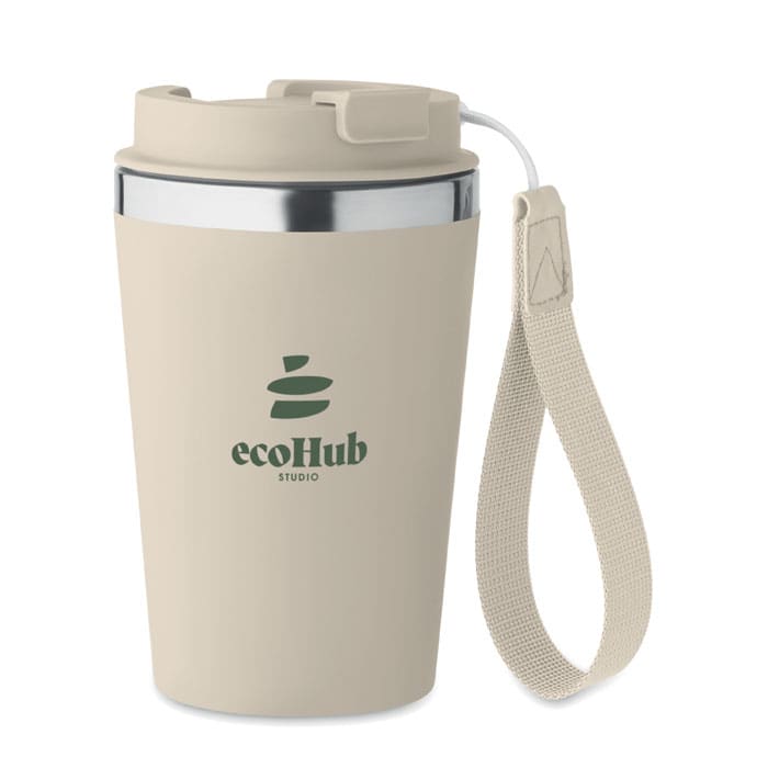 A drink bottle in a light beige colour with a silver interior, featuring a logo and a carrying strap.