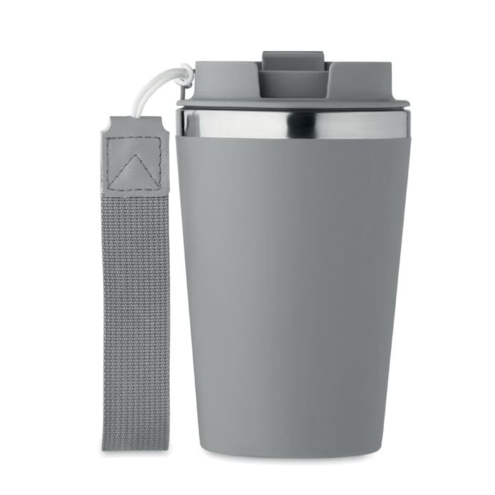 A drink bottle in grey with a silver lid and a textured strap for easy carrying. Features a logo.