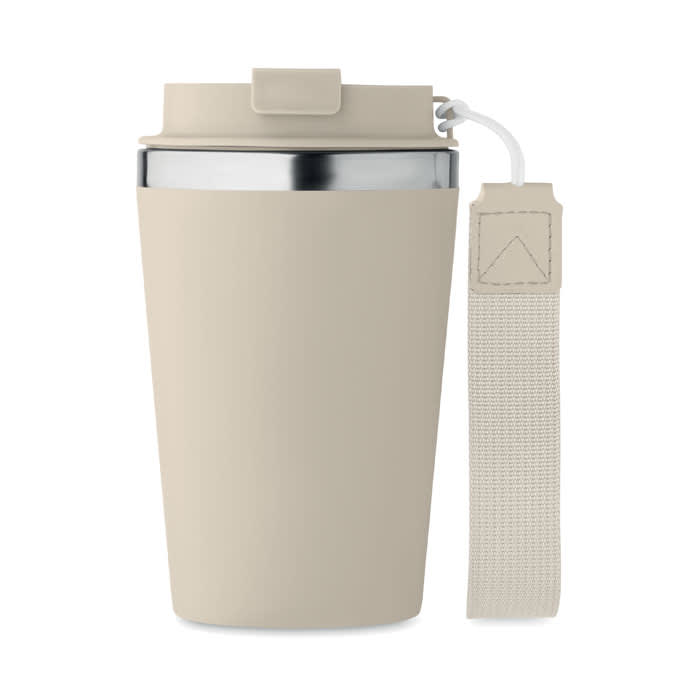 A drink bottle in a pale beige colour with a stainless steel interior and a coordinating strap. It has a logo.