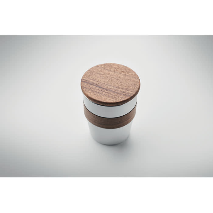A drink bottle with a white base and wooden accents, featuring a round wooden lid. It has a simple, modern design.