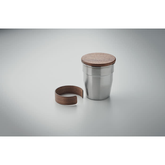A drink bottle featuring a stainless steel body and a wooden lid, accompanied by a wooden sleeve for insulation.
