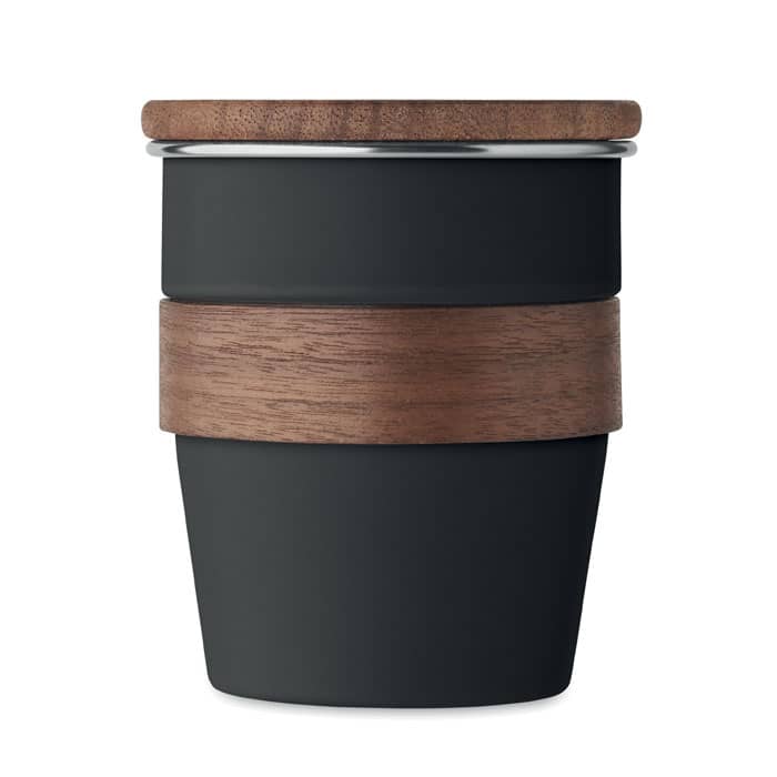 A drink bottle featuring a matte black body with a wooden band and a wooden lid. It has a sleek, modern design.