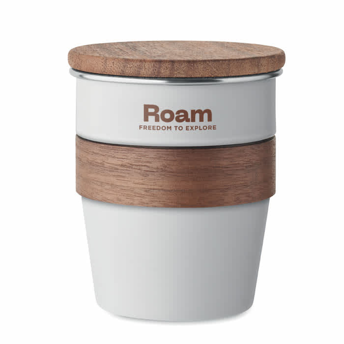 A drink bottle in white and silver with a wooden lid and a brown band, featuring a logo.