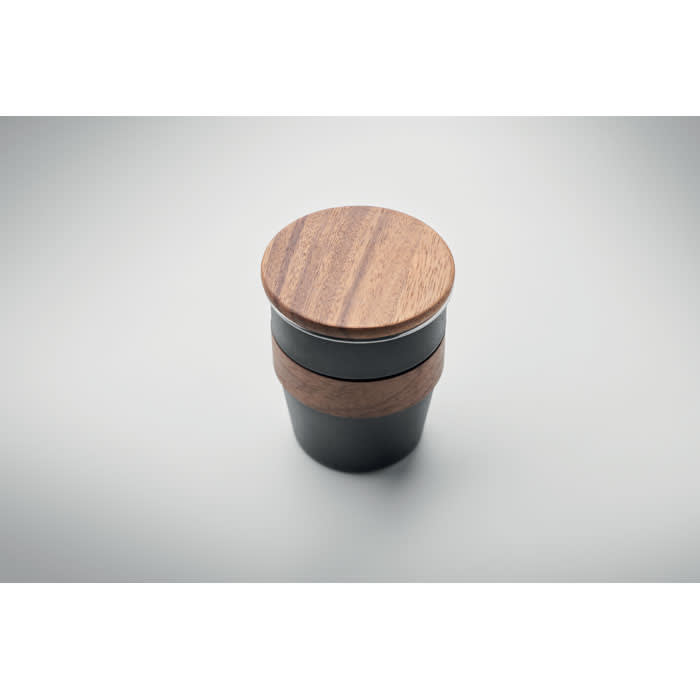 A drink bottle in black with a wooden lid and accent, featuring a sleek design and an integrated logo.