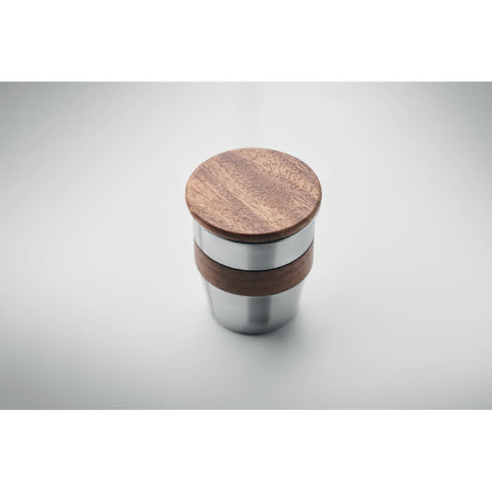 A drink bottle featuring a stainless steel base with a wooden lid and wooden middle band.